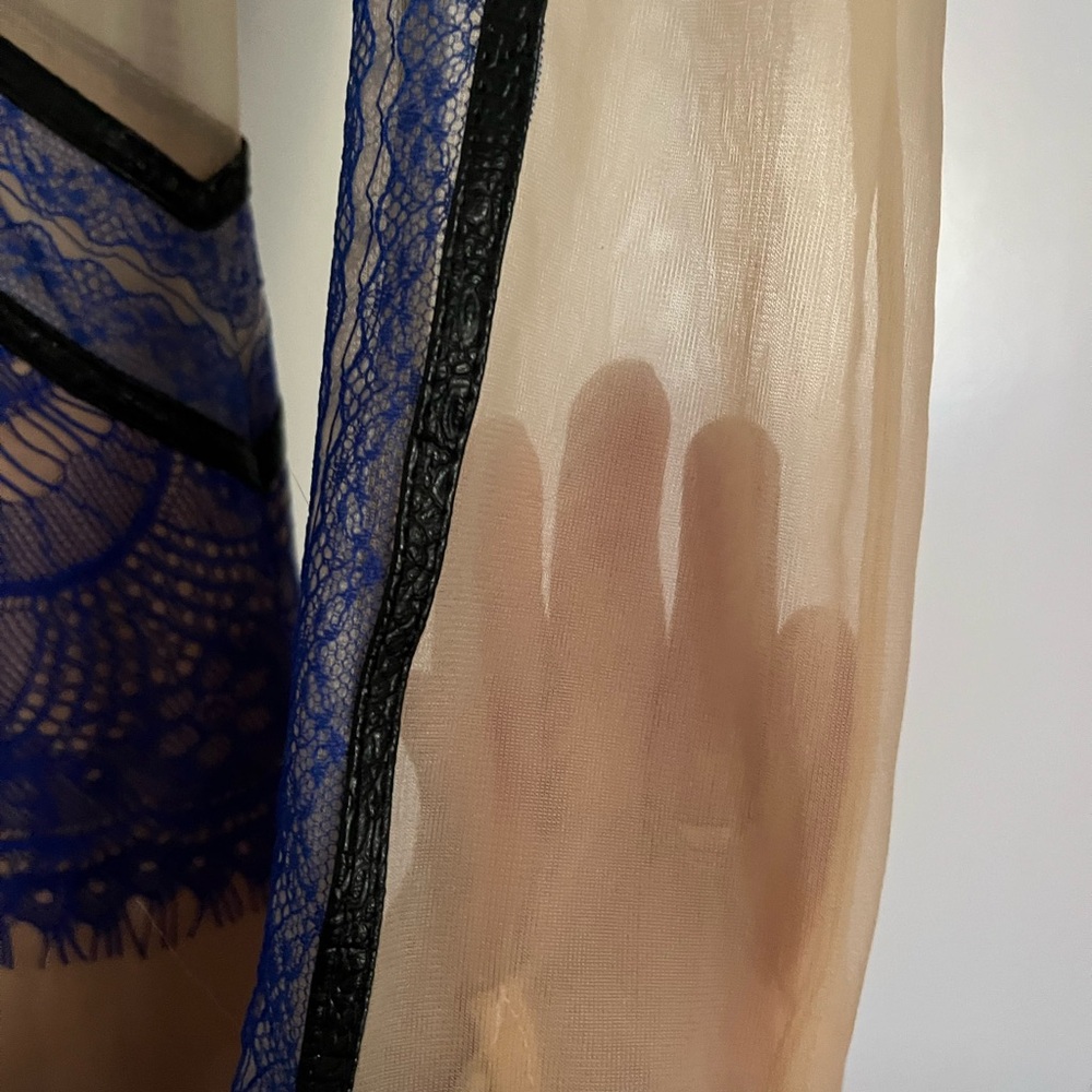 Three Floor electric blue/periwinkle Dress w/Lace, black leather, & sheer detail - Picture 3 of 16